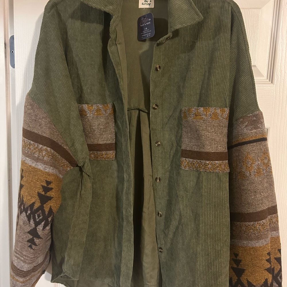 Green Corduroy Jacket with Patterned Sleeves